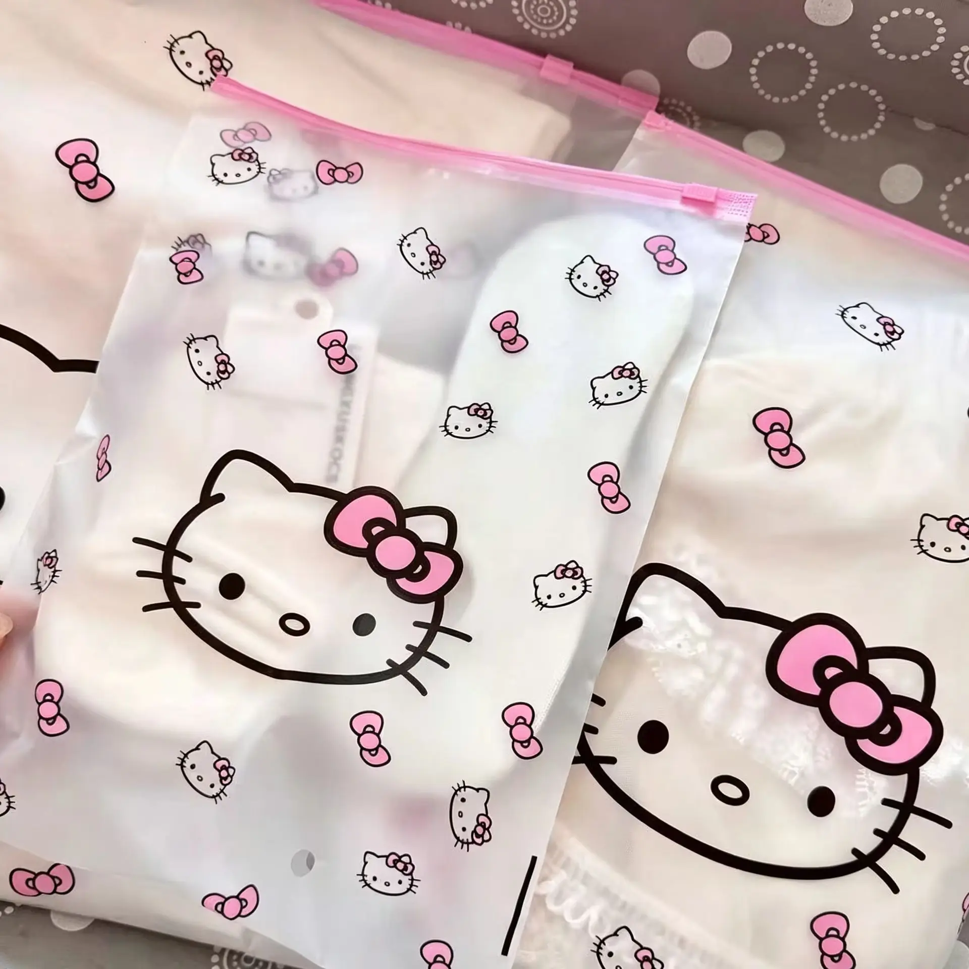 10pcs Hello Kitty Pink Bow Cat Storage Bag Portable Cartoon Cute Harajuku Japanese Charm Sock Storage Bag Gift
