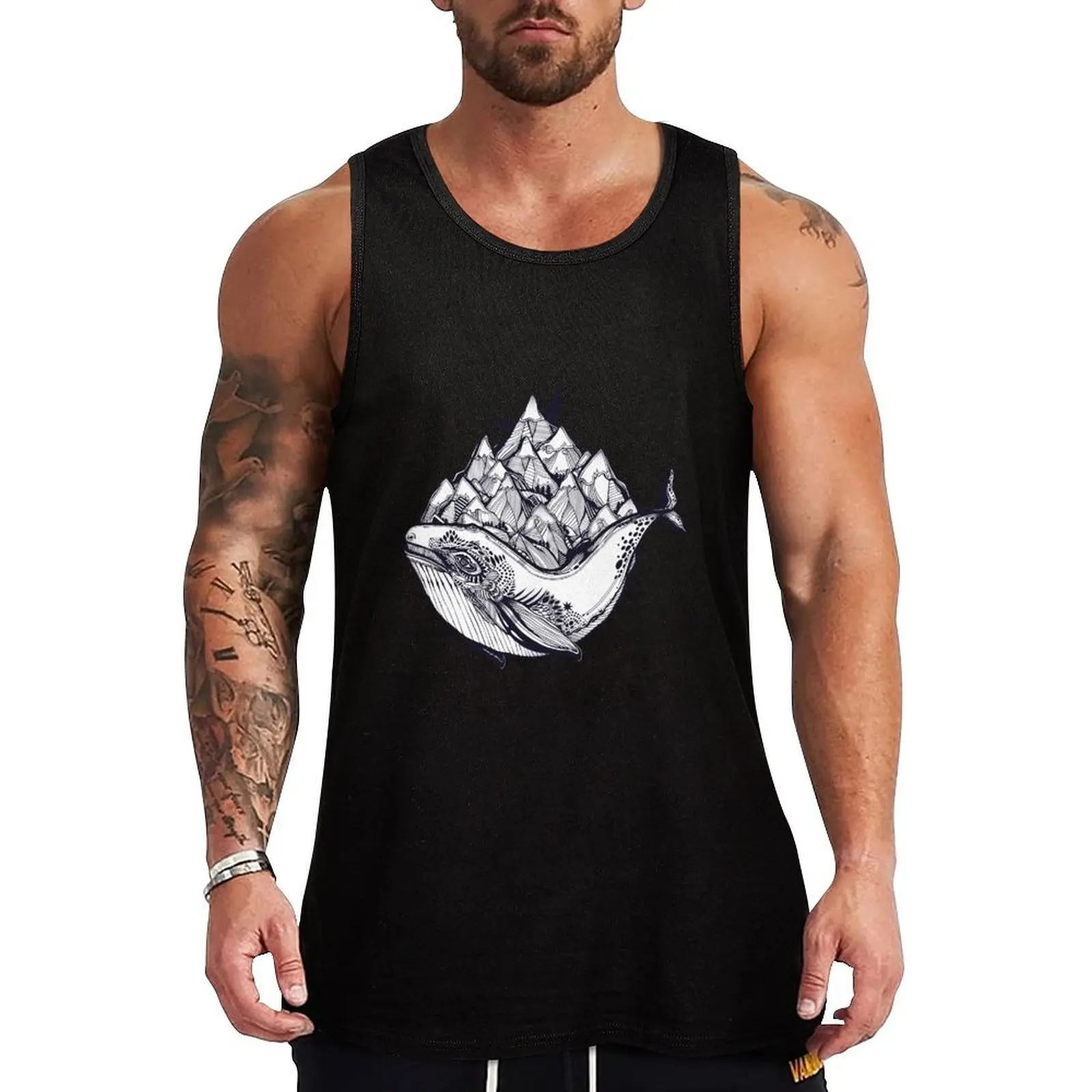 

Decorative dreamy surreal whale sea animal beast carrying mountain range on its back Tank Top Men's clothing brands