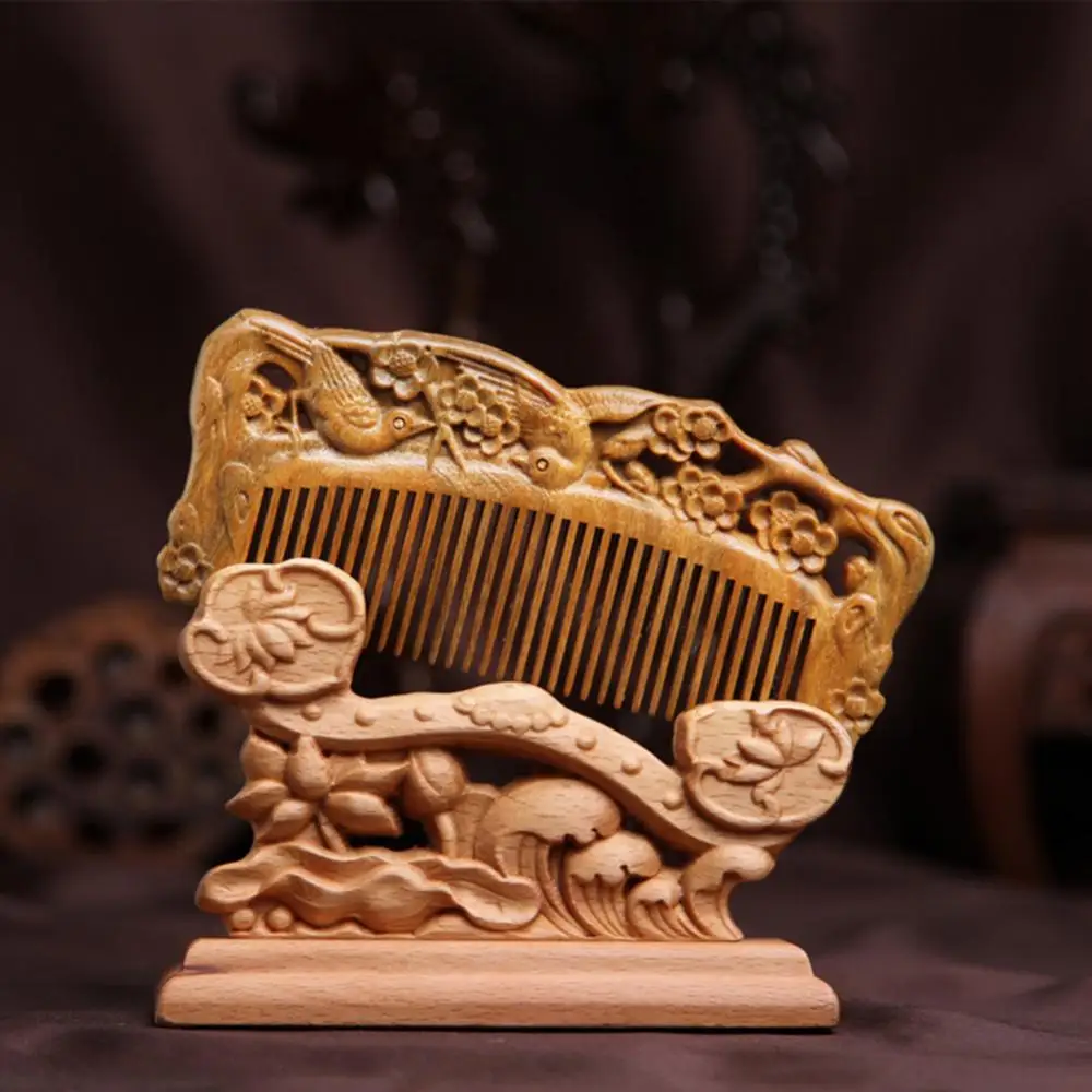 Hollow Comb Carved Wooden Comb Natural Peach Wood Anti-static Massage Health Care Combs Vintage Hair Brush Combs Styling Tools