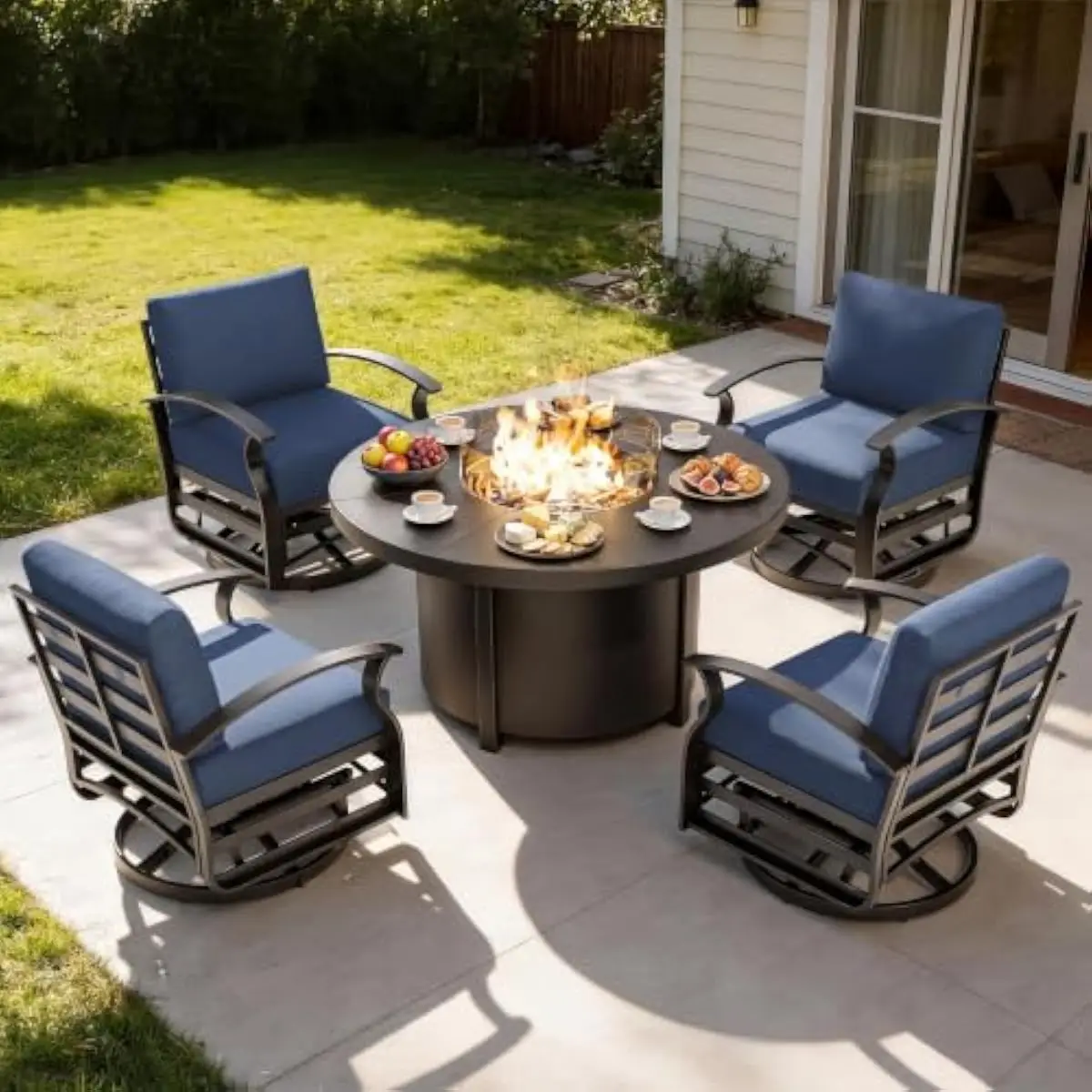 Five-item outdoor lounge ensemble featuring rotating armchairs a circular 48-inch fire table premium 5.1-inch dense foam cushion