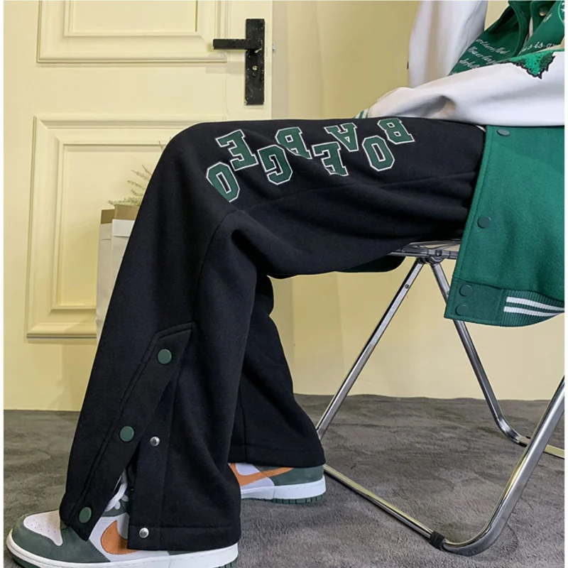 American Hiphop High Street Trendy Casual Sports Pants Men Solid Letters Patchwork Pocket Loose Autumn Straight Wide Leg Trouser