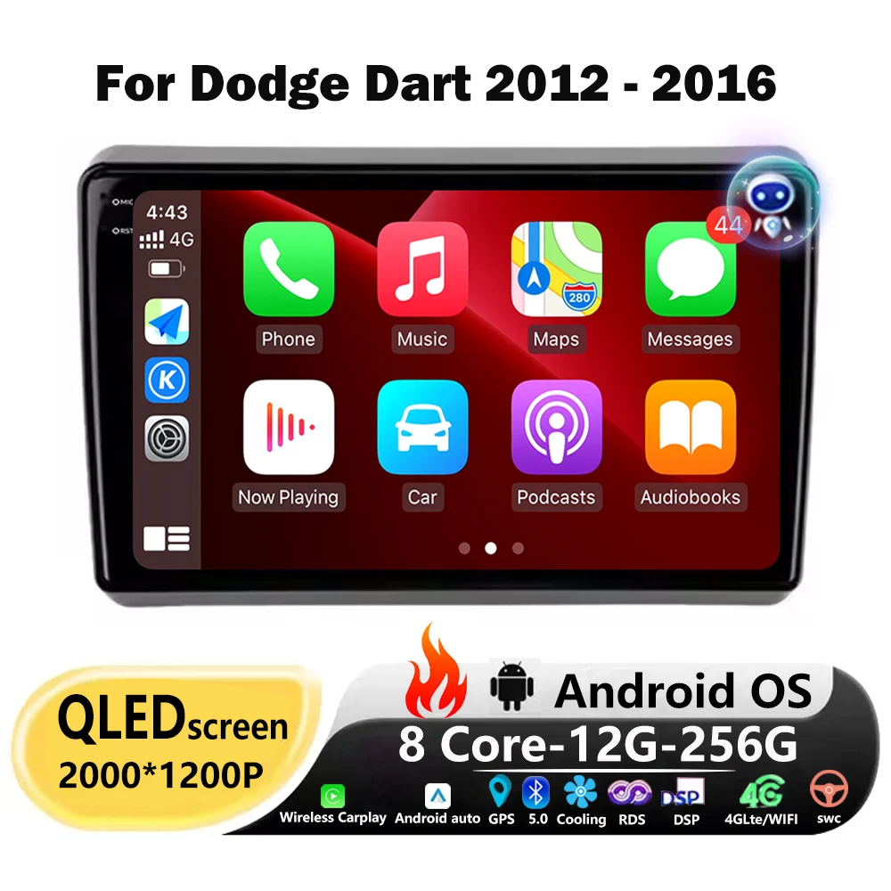 Radio de coche estéreo GPS navegación reproductor Multimedia pantalla para Dodge Dart 2012 2013 2014- 2016 Android 16 Auto CarPlay Bluetooth