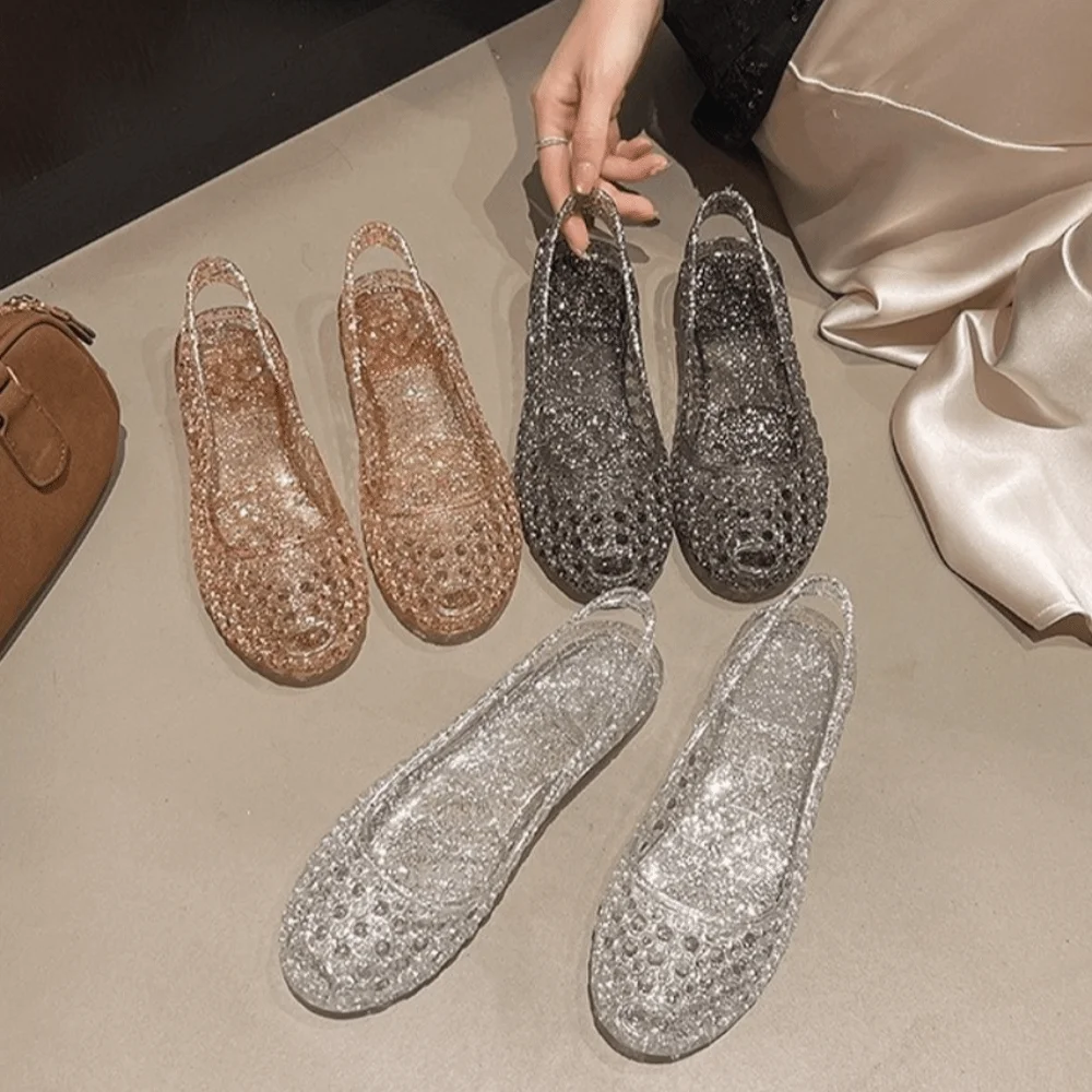 Crystal Transparent Sandals Footwear Closed Toe Breathable Hollow Flat Daily Shoe Fish Mouth Light Flat Hollow Slip Shoe