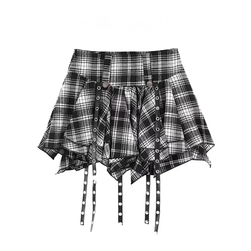 Punk Plaid Mini Skirt Irregular Handkerchief Hem with Hanging Straps Women Teenage Girl Y2K Grunge Outfit