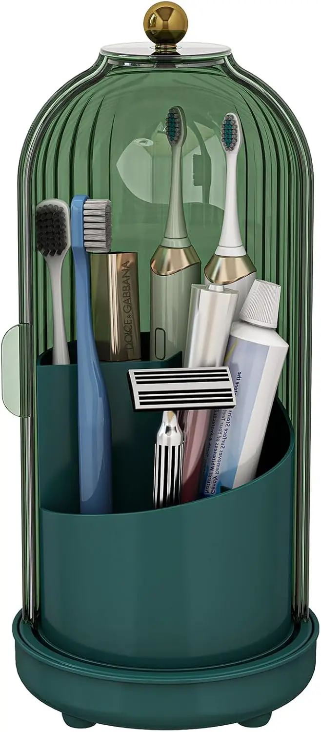 

Green Rotating Electric Toothbrush Holder with Cover, 3 Slots Bathroom Organizer for Counter Drainage
