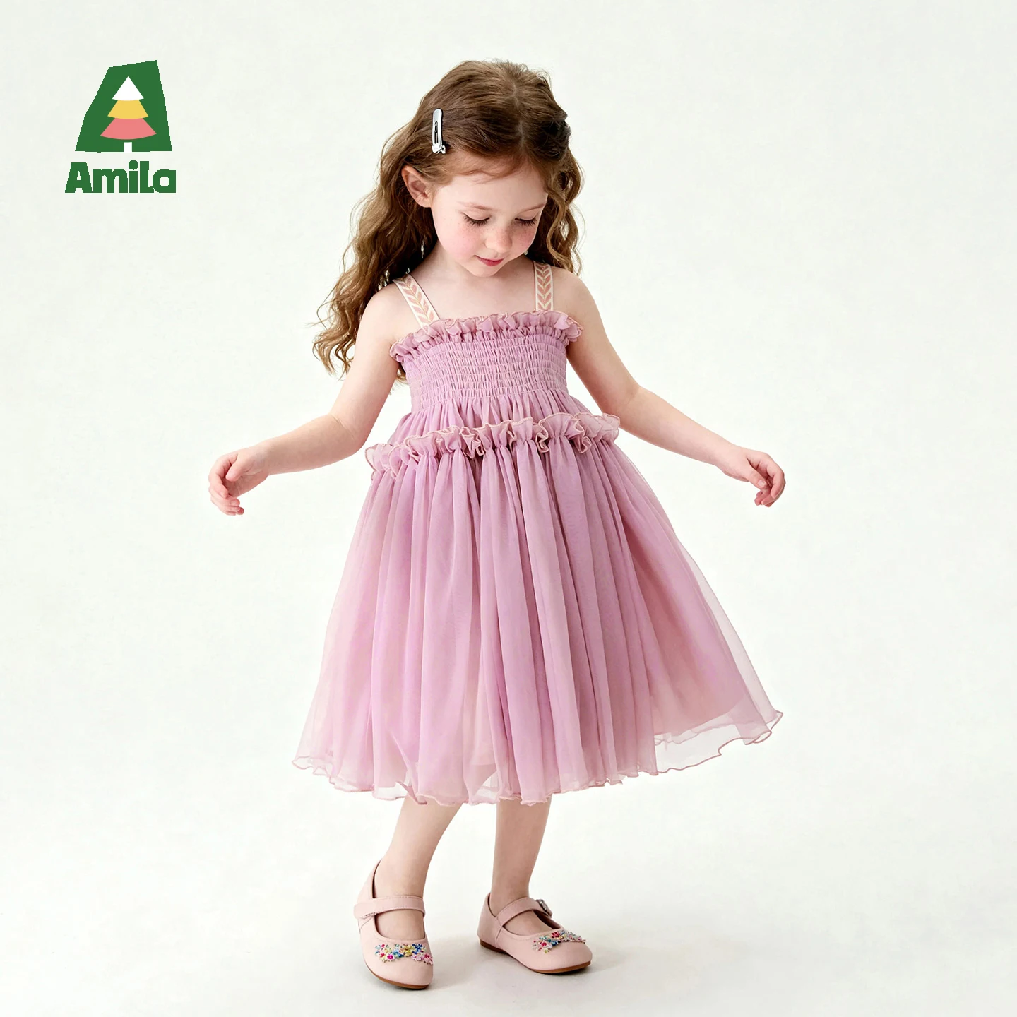 Amila 2026 Summer New Girls' Dress With Soft Mesh Gentle Temperament Sweet And Cute Fluffy Camisole Vest Skirt