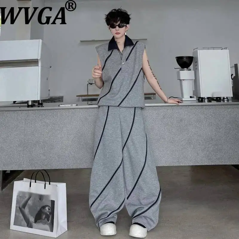 

WVGA Summer Outfit Men Two Pieces Sets Color Block Turn Down Collar Striped Trimmed Sleeveless Tops Chic Casual Pants Ins W24368