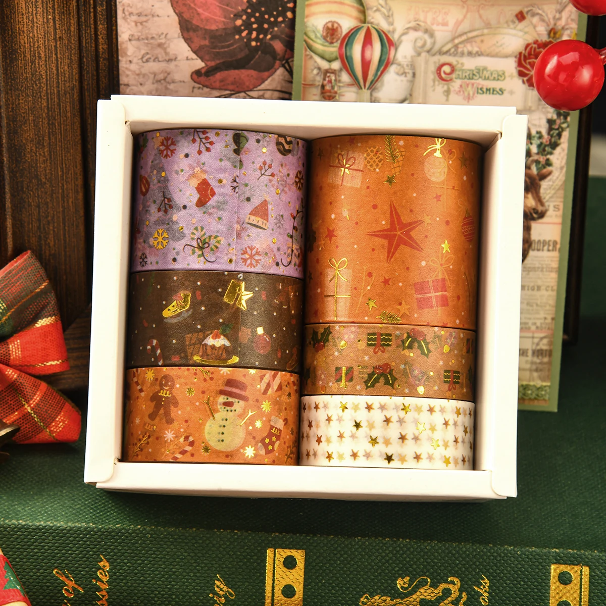 6 rolls of Christmas-themed washi tape, suitable for decorating planners, photo frames, and gift boxes, exquisite holiday gifts