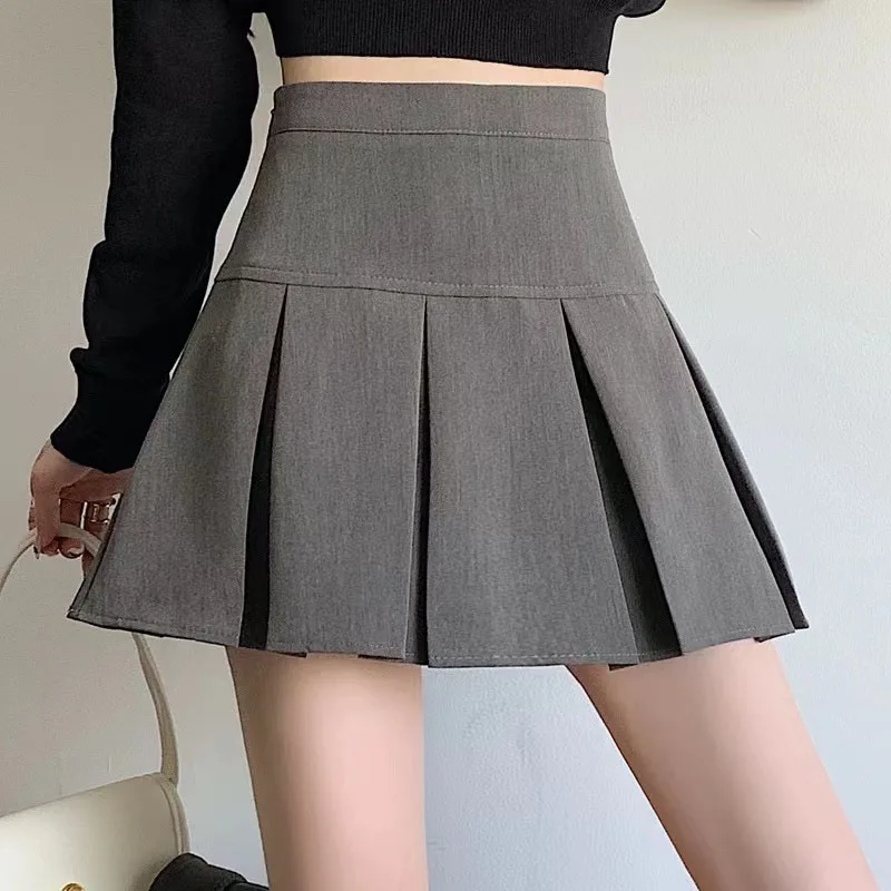 Gray High Waist Pleated Skirts Women Summer Fashion Solid Preppy Zipper A Line Skirts Ladies Streetwear All-Match Mini Skirts