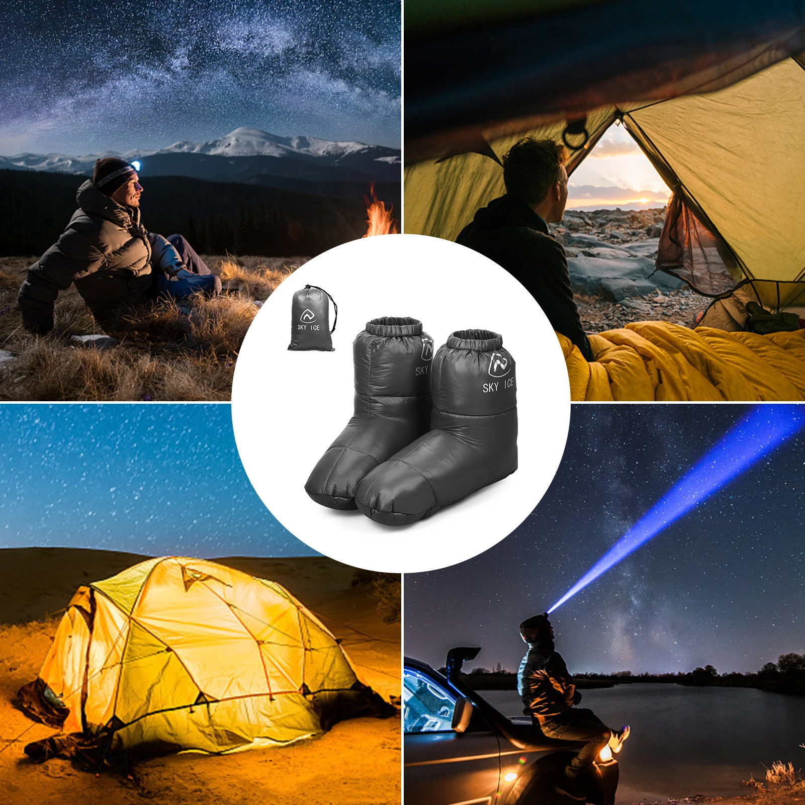 SKY ICE Winter Down Booties Windproof Waterproof Warm Camping Shoes Soft Home Slippers Boots Unisex Outdoor Tent Footwear