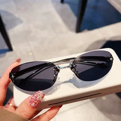 Y2K Vintage Luxury Brand Designer Rimless Oval Sunglasses Women For Men Sun Glasses Punk Popular Rivet Star Small Shades UV400