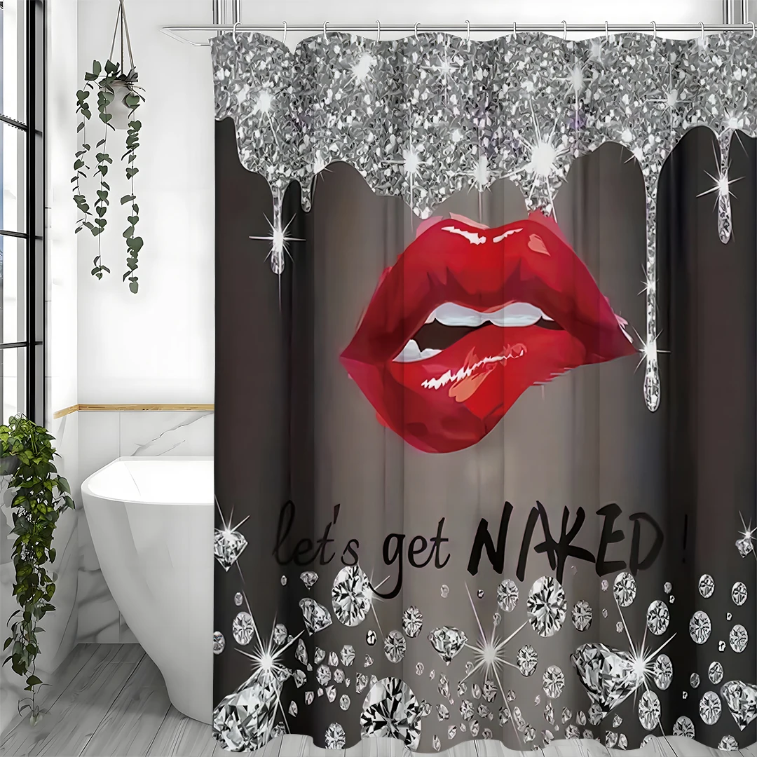 Sexy Red Lips Shower Curtain With Sparkling Diamonds And Let's Get NAKED Text Glamorous Bathroom Decor Waterproof Fabric Design