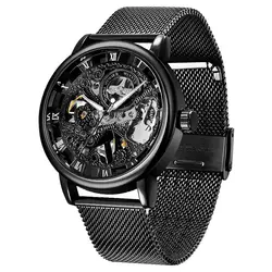 Winner Stainless Steel Mesh Band Transparent Classic Thin Case Hollow Skeleton Mens Male Mechanical Wrist Watch Top Brand Luxury