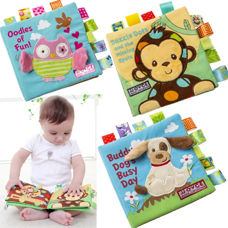 Livros de pano para bebê Estilo animal Macaco, coruja, cachorro, recém-nascido aprendendo, livro educacional de tecido, infantil sensorial, brinquedo chocalhos