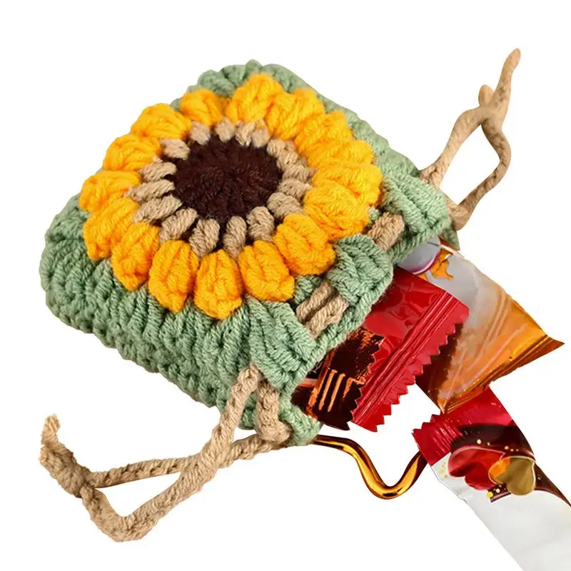 Coin Pouch Keychain Woven Sunflower Keyring Charm Cute Drawstrings Coin Pouch Cards Keys Storage Holder For Men Girls Teens