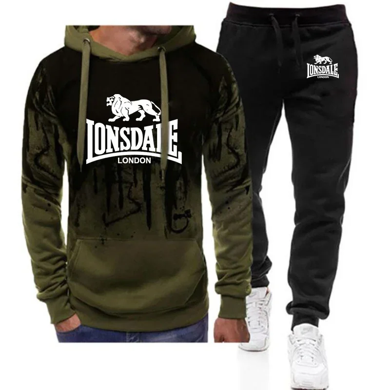 

Lonsdale 2024 Men High Quality New Gradient Color Sweater Hooded Tops + Pants Two Piece Suit Tracksuit Casual Sweatpant Man Sets