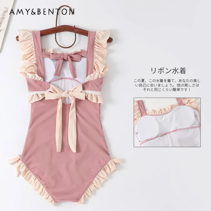 Pink Sweetheart Japanese Cute Lolita One Piece Swimsuit Women Preppy Style Sweet Bow Lace Up Patchwork Bathing Suit Students