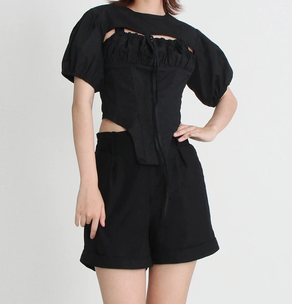 Nowy seksowny, modny, trójwymiarowy, plisowany komplet z szelkami i krótkim rękawem - prosty dwuczęściowy zestaw - GZXX916