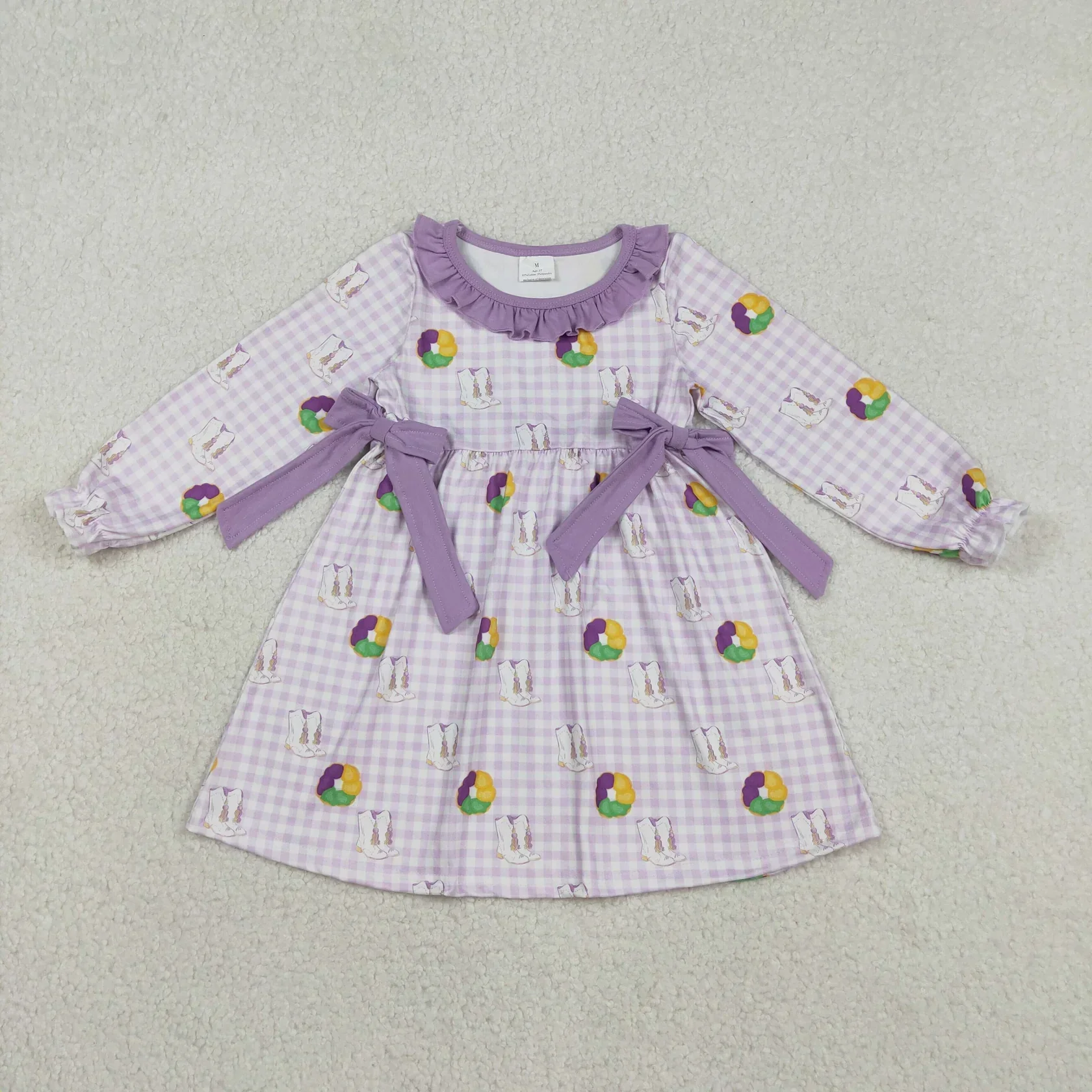Wholesale Kids Children Long Sleeves Boots Bows Knee Length Dress Toddler Girls Purple Plaid Baby Girl Mardi Gras Clothing