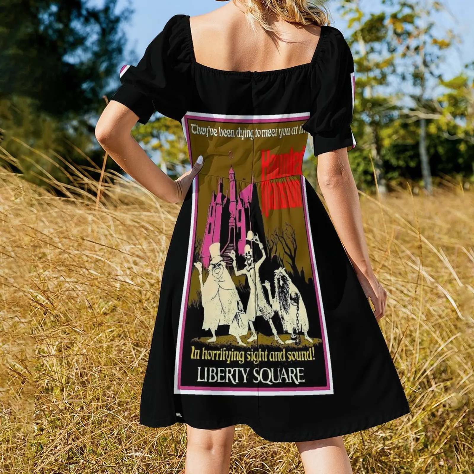 HAUNTED MANSION : Vintage Liberty Square Advertising Print Short Sleeved Dress Dresses Bridesmaid dress woman Dress