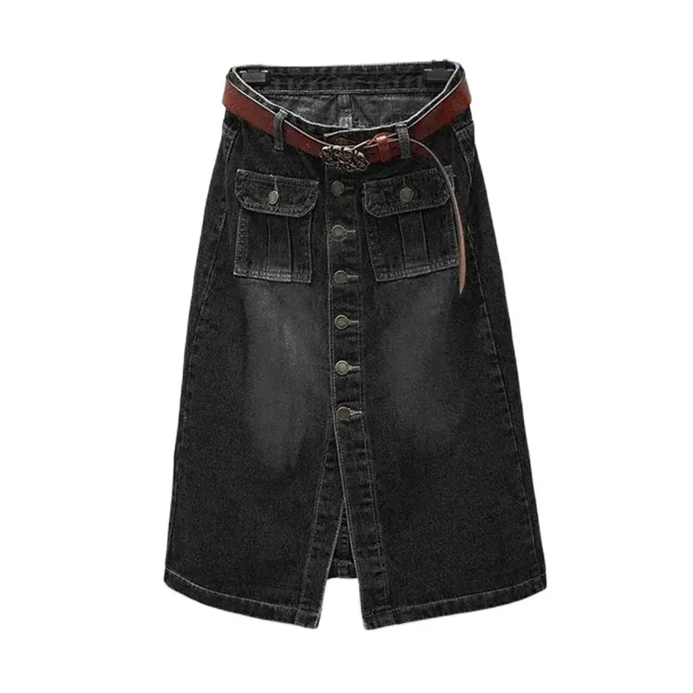 High Waist SlimSkirt  Fashion Long Casual Denim Skirt Spring And Autumn New Retro One-row Buckle Split Hip A-line Skirt Female