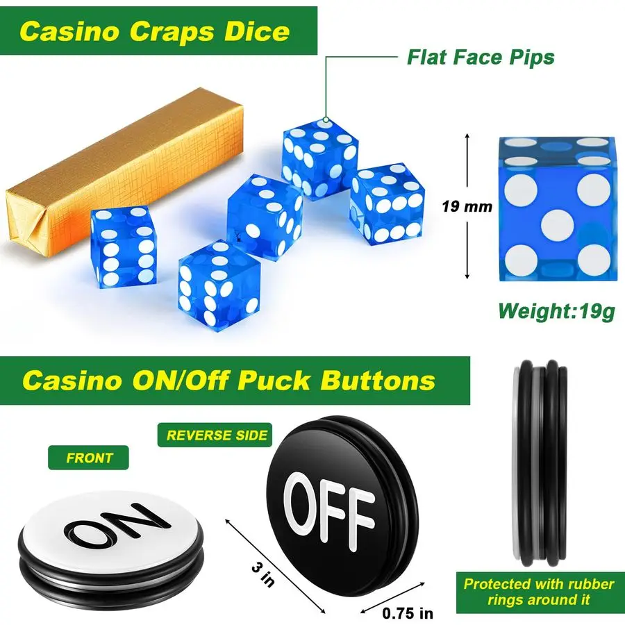 مجموعة ألعاب Craps Tabletop، تتضمن حصيرة تخطيط سطح الطاولة من المطاط مقاس 35 × 70، نرد من درجة الكازينو AAA مقاس 19 مم، وأزرار تشغيل 3 بوصة