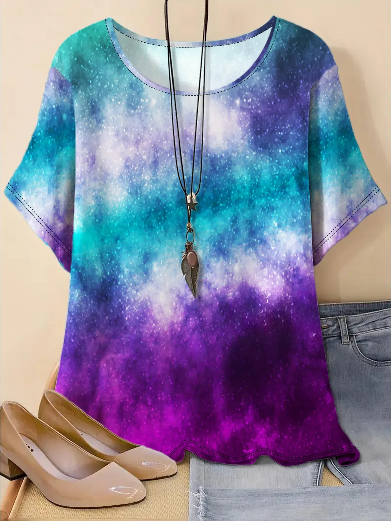 Women Crew Neck Short Sleeve T-shirt Galaxy Starry Sky Gradient Print Loose Casual Summer Daily Soft Tee