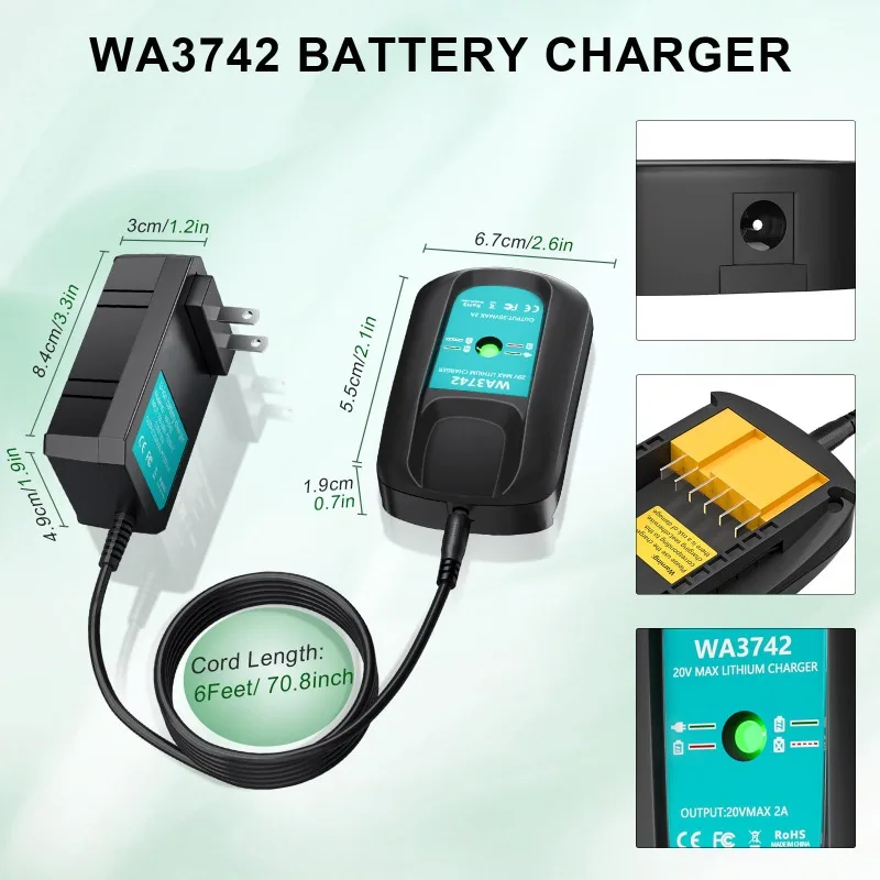 WA3742 Rapid Charger Portable Replacement Charger Compatible for WORX 20V Lithium Batteries WA3512,WA3578,WA3732,WA3875,WA3881