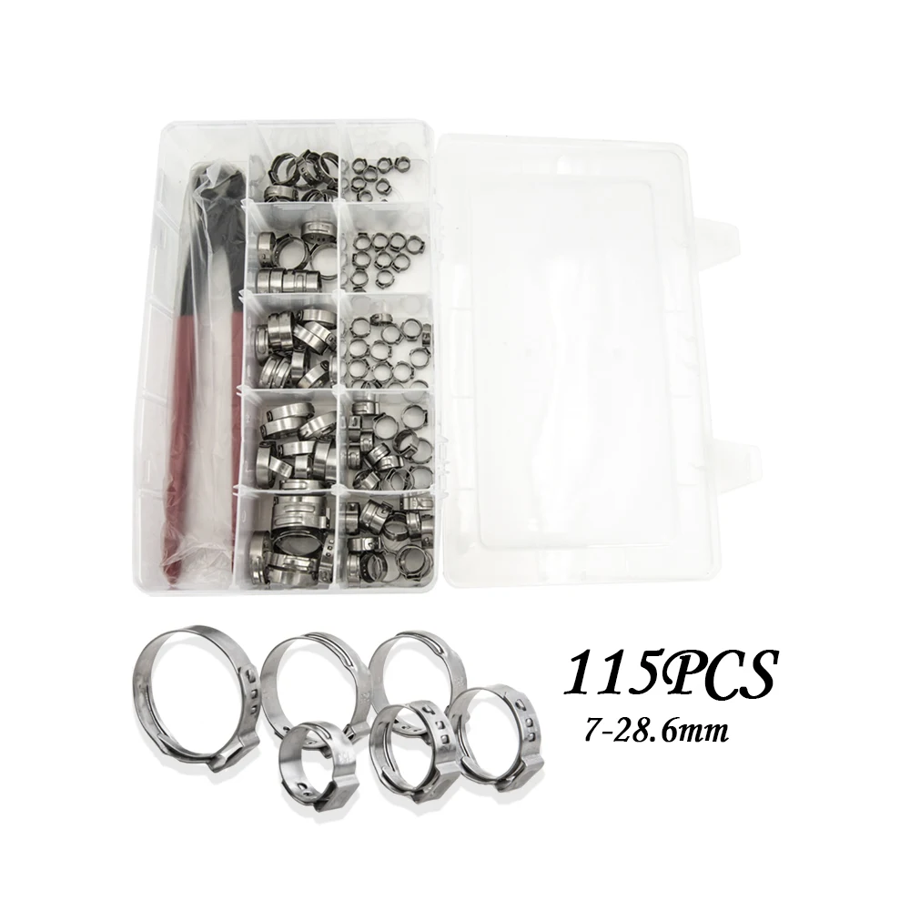 

115PCS 7-29MM Single Ear Stepless Hose Clamp 304 Stainless Steel Hose Clamps Cinch Clamp Rings for Sealing Kinds