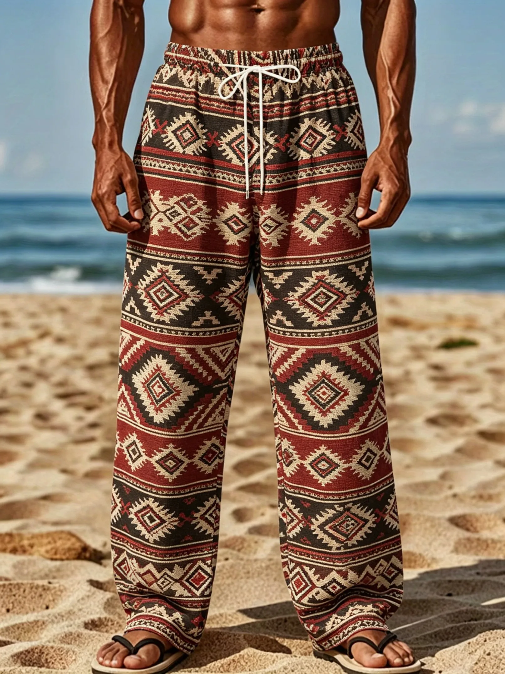 

Men's Spring Summer Navajo Diamond Geometric Stripe Print Drawstring Pants, Southwest Ethnic Trousers for Beach Daily Outfit