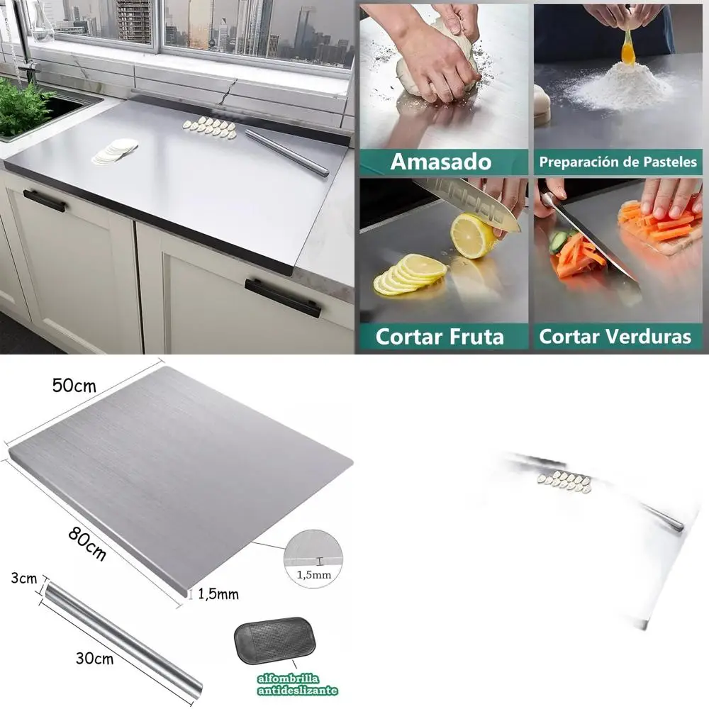 

Large 31.5x19.69 304 Stainless Steel Kitchen Cutting Board with Lip and Rolling Pin for Meat, Vegetables, Fruits, Bread
