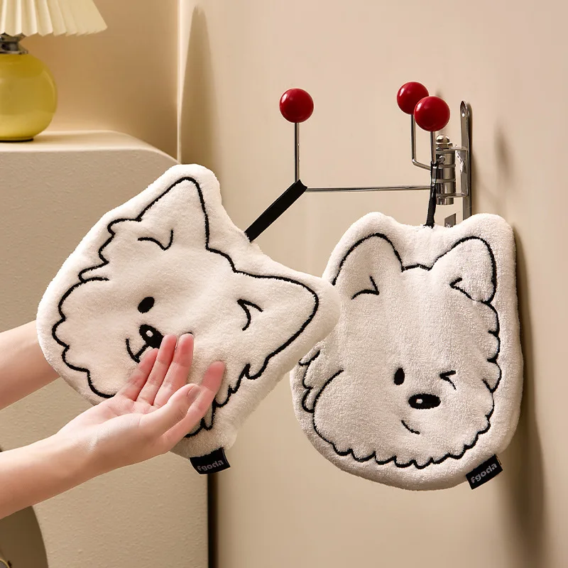 Cute Puppy Hand Towel Hanging Type Super Absorbent Quick Drying Kitchen Handkerchief Special Thick Coral Velvet Hand Towel