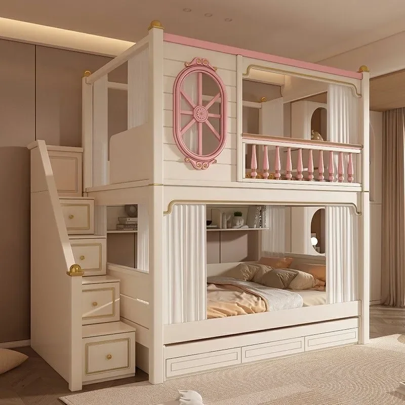 Pink Wooden Bunk Bed Twin Over Full Loft Frame for Kids Boys Girls Space Saving Bedroom Furniture Sturdy Ladder Design