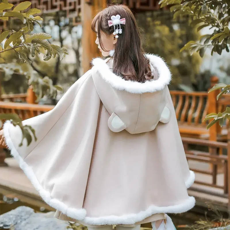 Coalfell  Autumn /Winter New Improved Hanfu Han Element Lolita Hooded Cloak Fleece Coat Veste Femme Coat Autumn Clothes Women