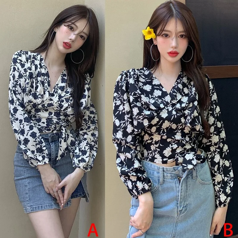 Women\'s Casual Floral Printed V Neck Tops Korean Style Short Long Sleeve T Shirt Blouses