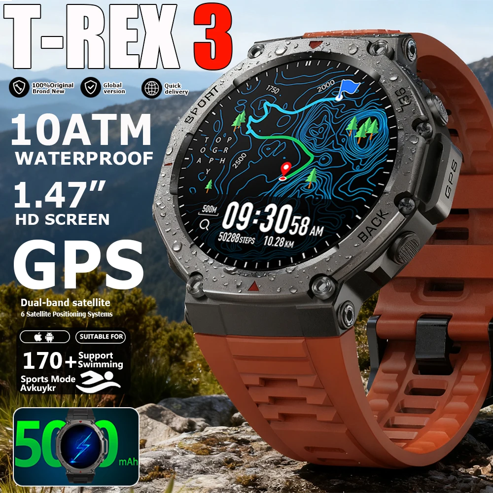 

2025 NEW Smart Watch For T-Rex 3 GPS SmartWatch AMOLED Touch Screen 10ATM Outdoor Compass Smart Fitness Sport Monitor Men Watch