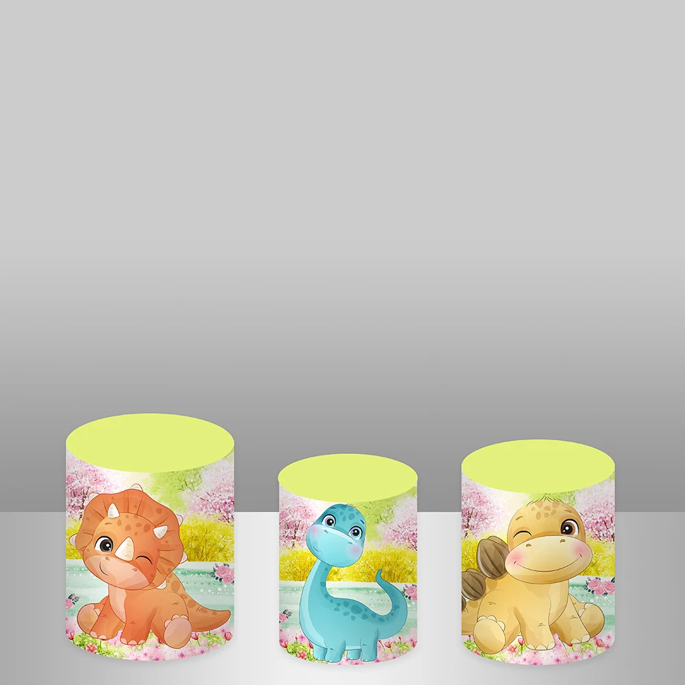 Fondo redondo de flores de primavera para bebé y niña, decoración de fiesta, cubierta de cilindro de mesa de pastel, Fondo de dinosaurio de dibujos animados