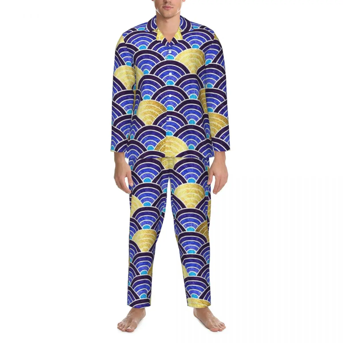 

Pajamas Male Waves Japanese Seigaiha Blue Sleep Sleepwear 2 Pieces Loose Pajama Sets Long Sleeves Kawaii Oversized Home Suit