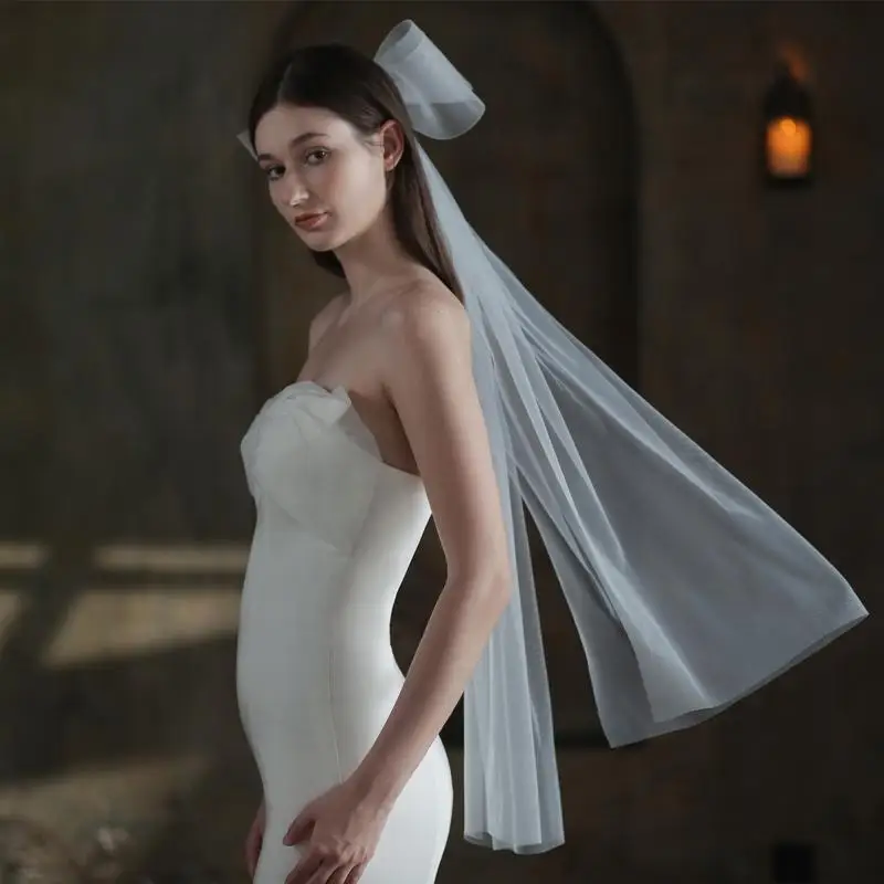 P9FE Hochzeit Brautschleier, Haarschmuck für die Braut, Schnittkante, 2-stöckig, kurzer Tüll, doppellagig, Schleife, Dekor – Detail 7