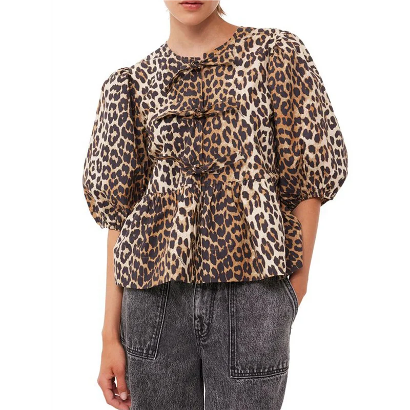 

AG-Womens Y2k Leopard Print Peplum Babydoll Top 3/4 Length Puff Sleeve Cute Going Out Tops