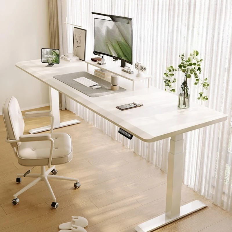 مكتب من الخشب الصلب الأبيض، مكتب كمبيوتر يدوي كرنك يدوي، مكتب رفع كهربائي بمحرك مزدوج للرياح الذكية باللون الكريمي #1