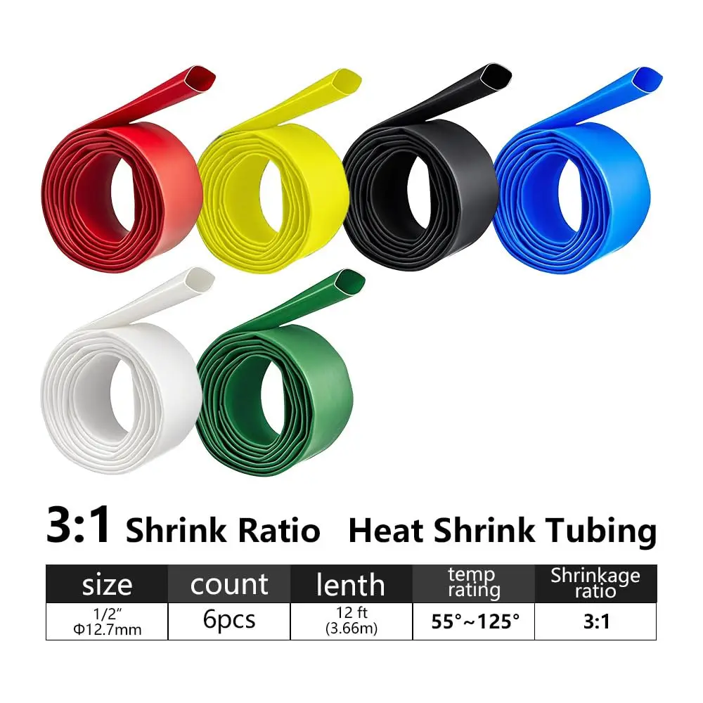 1/2in Heat Shrink Tubing - 3:1 Adhesive Lined, Shrinkable Wire Wrap Tube, 12FT, 6 Colors, Marine Grade, Insulated Sealed Sleeves