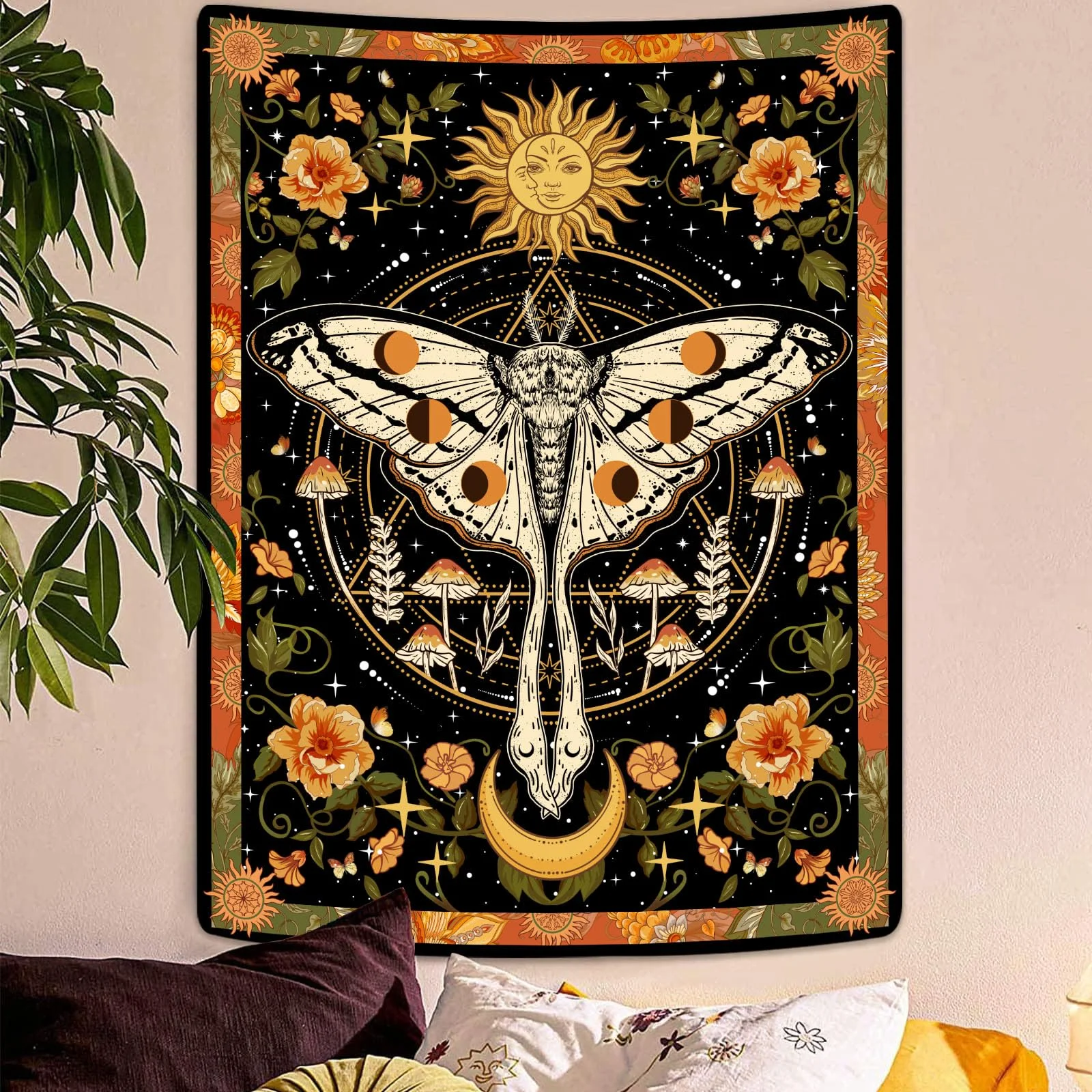 VIKAMA Retro-Wandteppich mit Motten- und Mandala-Motiv, ästhetische Wanddekoration für Schlafzimmer, Wohnzimmer, Wohnheim, Büro, Heimdekoration