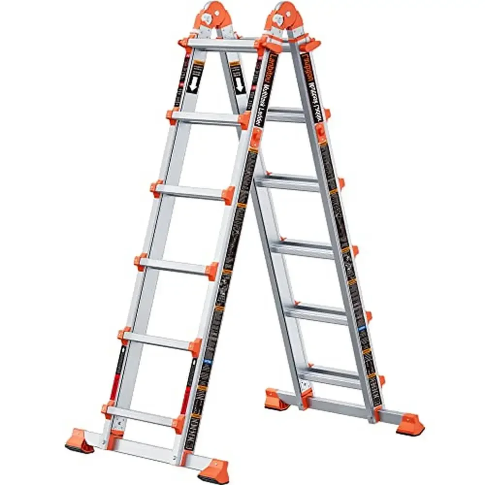 6 Step Aluminum Folding Telescoping Extension Ladder Anti-Slip Multi-Position 22 Ft Load 330 lbs Foldable Security Guard Safety