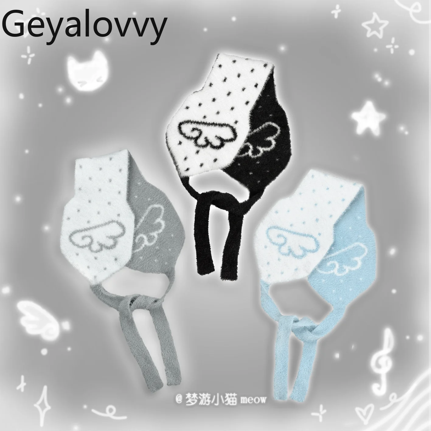 水玉模様の羽根模様の両面ニットイヤーマフ-ジャカードレースアップイヤーマフ-ニットフェイクミンクファー-韓国風-かわいい耳保護