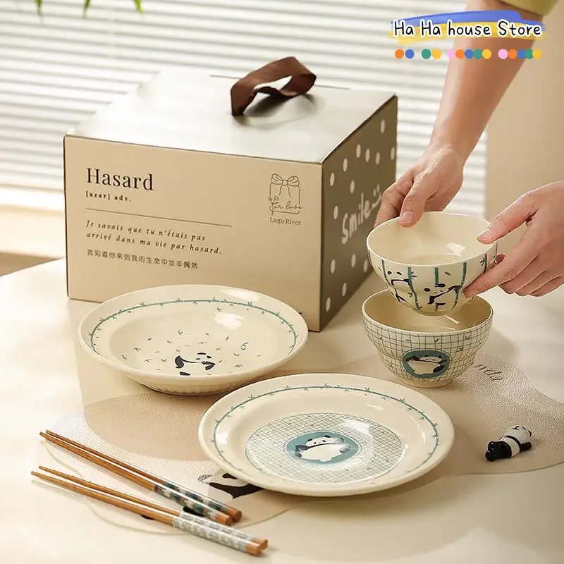 Panda Household Ceramic Plates Vegetable Plates Bamboo Tableware High Aesthetic Tablewar Household Exquisite Fish Dishes Bowls