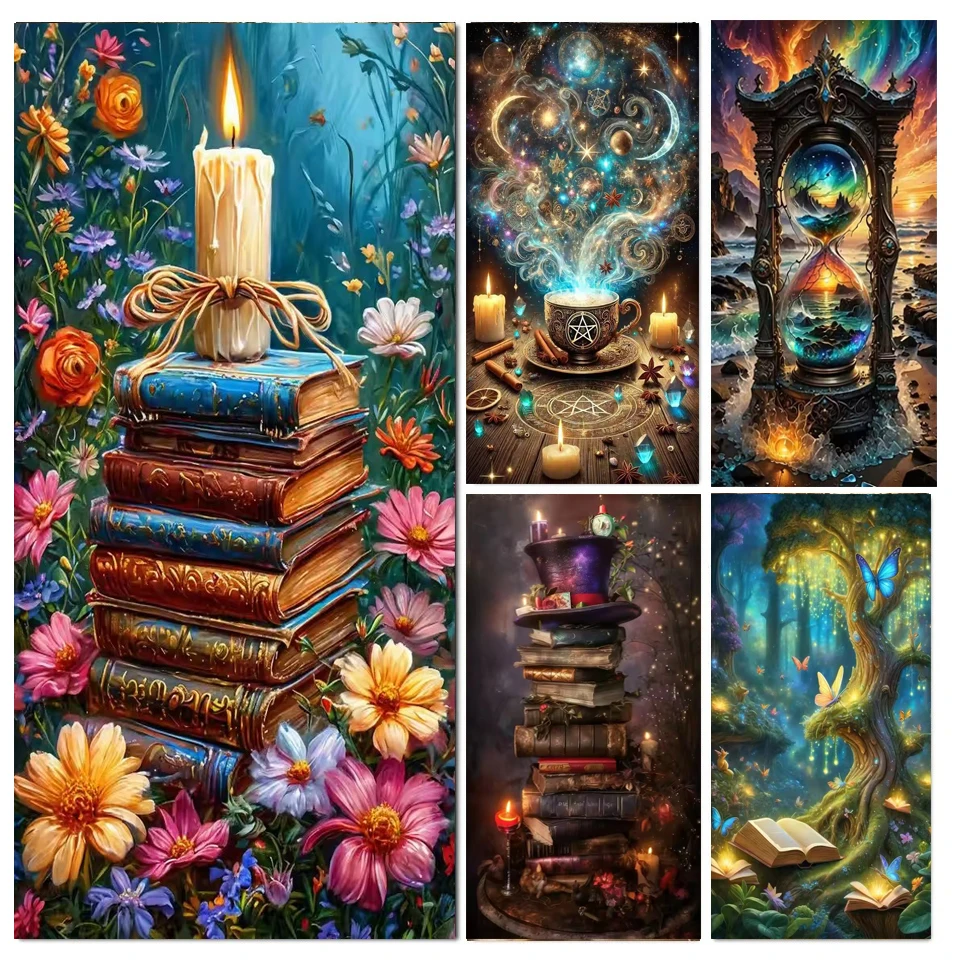 5D DIY Large Diamond Painting Cross Stitch Kit Fantasy Magic Books Candle Full Square Round Diamond Mosaic Embroidery Home Decor