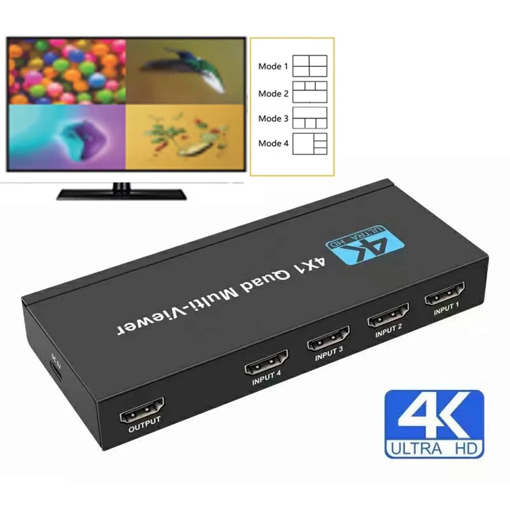 HDMI 4x1 Multi-viewer switcher 4K Seamless Quad Screen Real Time Multi Viewer Splitter 4 in 1 out HDMI Switch Adapter with IR