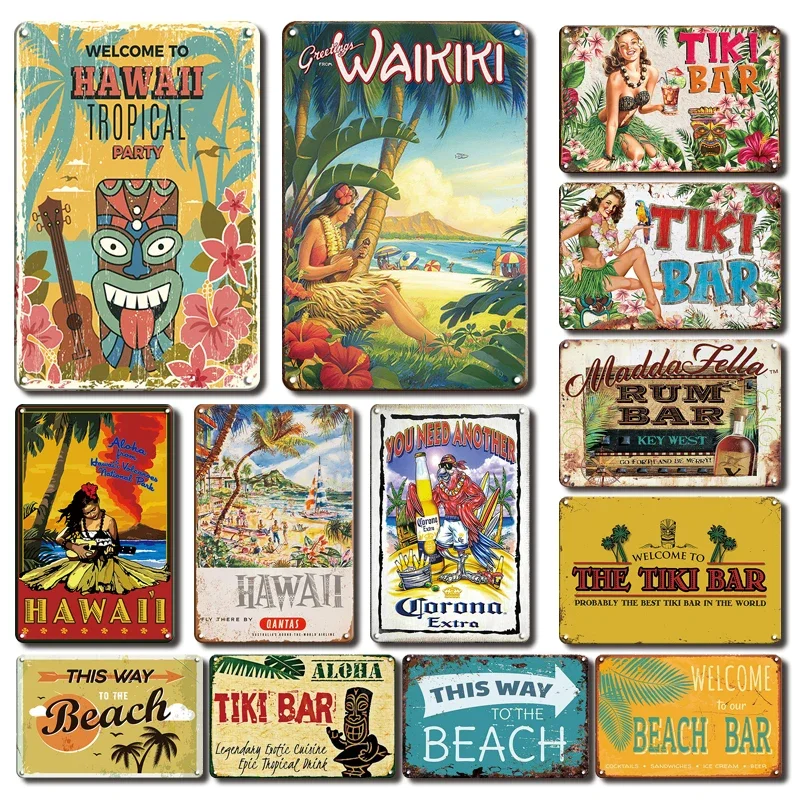 Funny Aloha Tiki Bar Tin Sign, Vintage Beach Bar, Pub Art, Wall Decor, Metal Plate, Retro Hawaii Beauty, Iron Painting Signs
