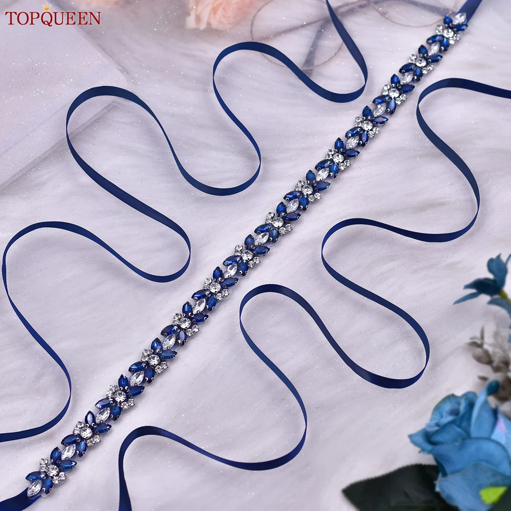 TOPQUEEN Nuevo cinturón de diamantes de imitación para novia, faja delgada, accesorios de boda, parche de piedra azul marino, cinturón de satén para mujer S16-ML